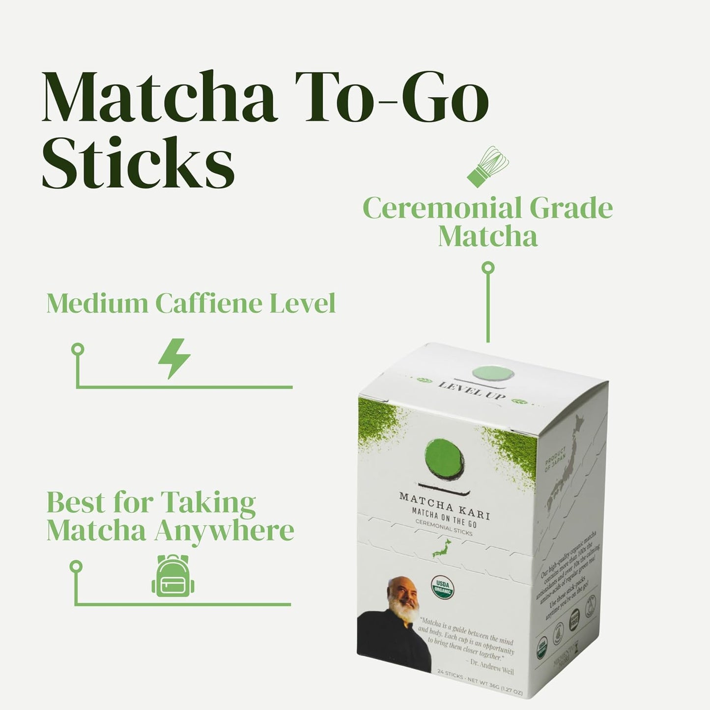 Dr. Weil Matcha Kari Organic Matcha Sticks - Ceremonial Grade - 12 Packets | Single-serve ceremonial grade organic matcha powder sticks, pre-measured for lattes &amp; on-the-go, Japanese, USDA organic