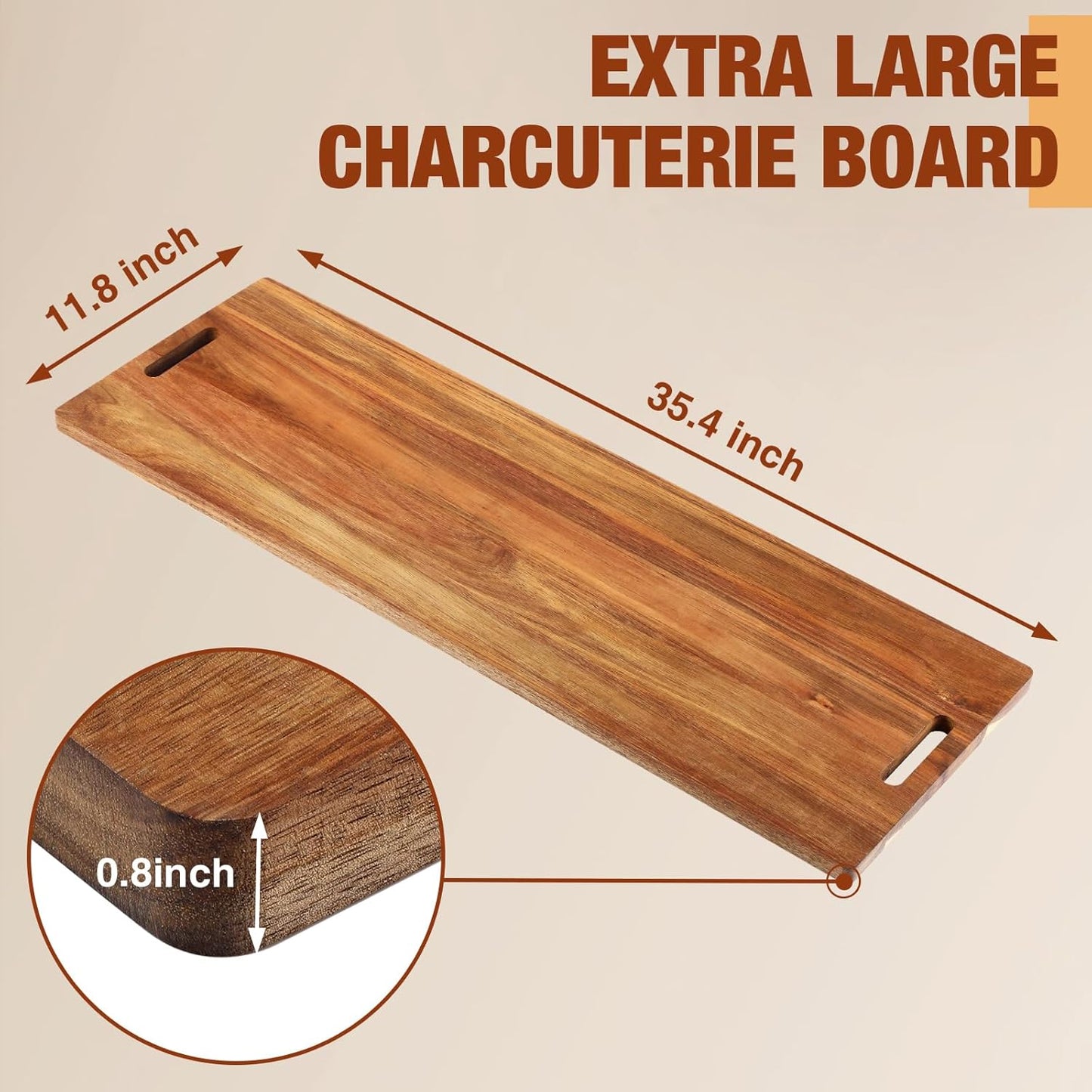 Skylety 4 Pieces 35.4" Acacia Wooden Cheese Serving Board with Handles Large Charcuterie Board Wooden Cutting Board for Appetizers Food