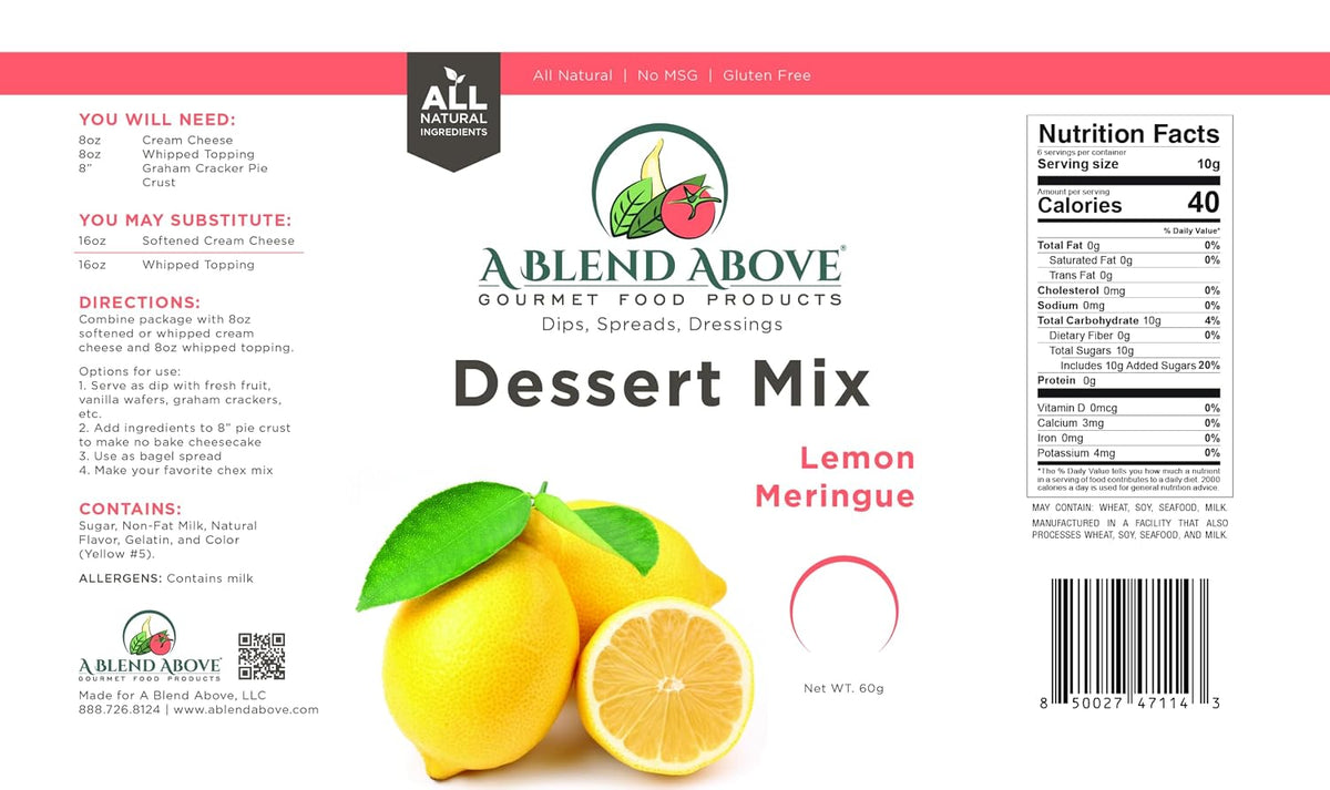 A Blend Above Lemon Meringue Pie Mix - No-Bake Desserts, All Natural, Gluten Free, No MSG - Instant Dessert Mix, Fruit Dip, Bagel Topping, Frosting, Cheesecake Filling - Makes 16 Oz (Pack of 3)