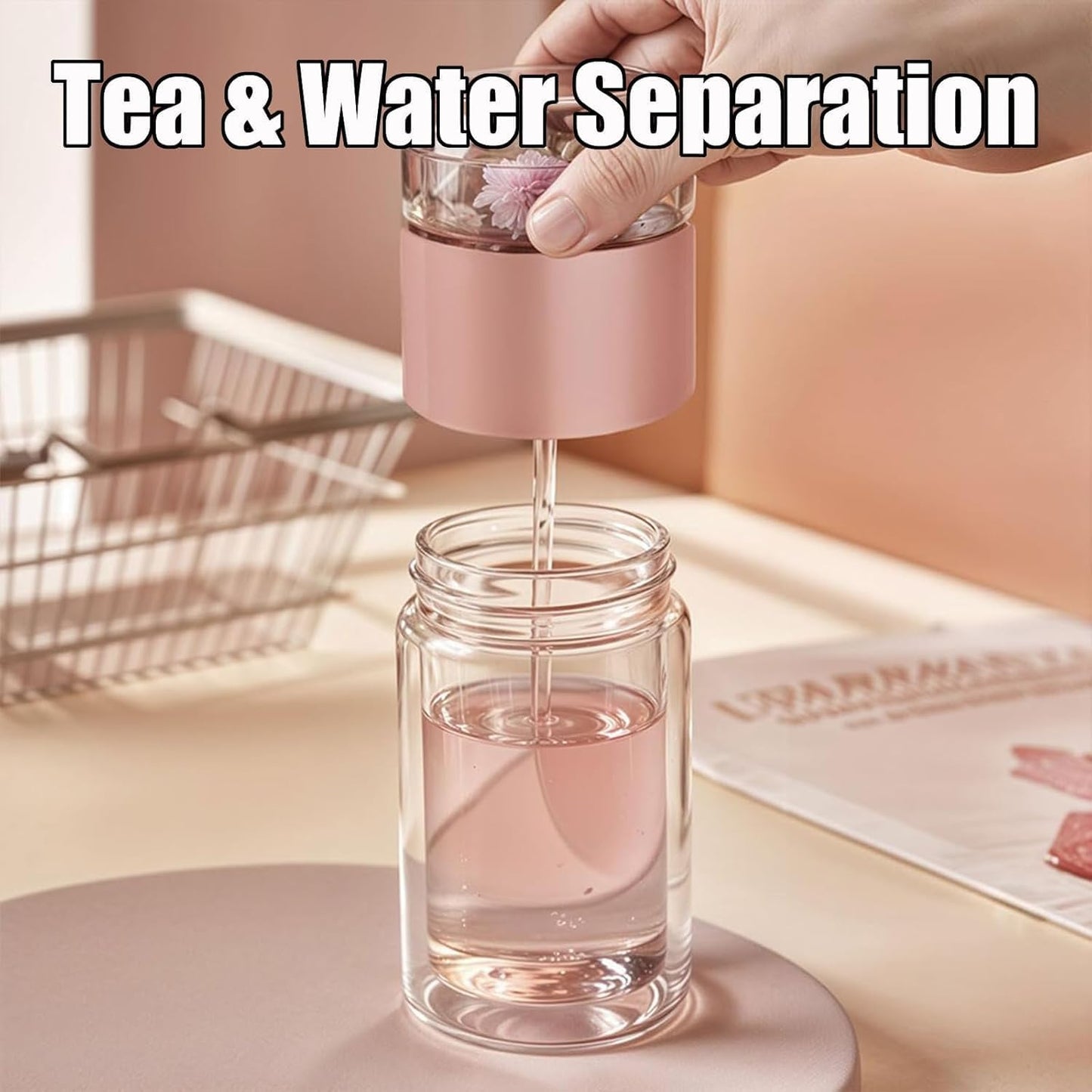 Tryteava Glass Infuser, Tryteava 3-in-1 Smart Tea Infuser, Portable Glass Double Wall Tea Infusers Bottle, with Stainless Steel Filter, Hot & Cold Brew, For Loose Leaf, Office Home (Black, 350ml)