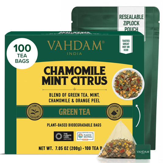 VAHDAM Chamomile Mint Citrus Green Tea Bags (100 Count) Pyramid Teabags
