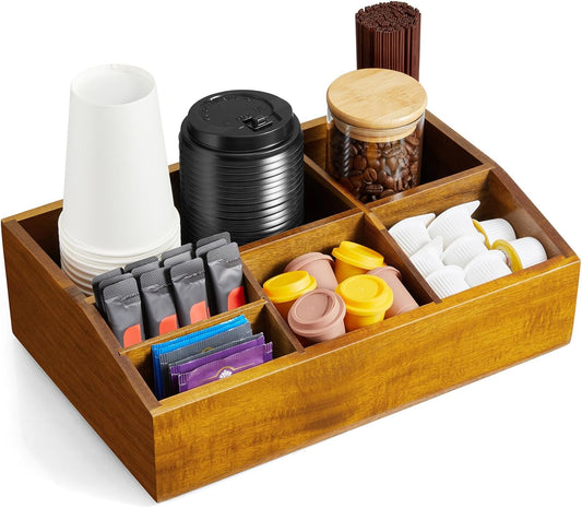 Acacia Wood Coffee Station Organizer for Countertop, Coffee Bar Accessories and Organizer, Pod Holder Storage Basket for K