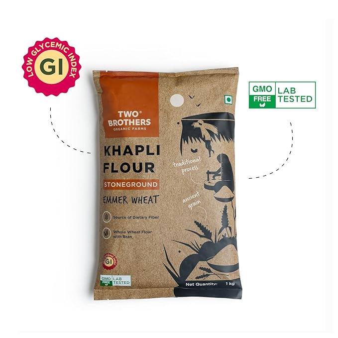 Two Brothers Organic Farms - Khapli Wheat Flour (5kg) | Low-Gluten Wheat Flour | High Dietary Fiber for Easy Digestion | Stoneground Emmer | Khapli Atta | Organic Atta (Pack of 1 kg x 5)