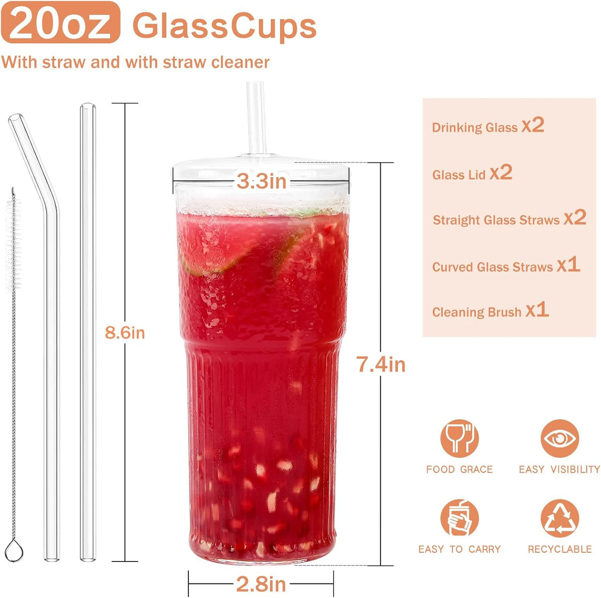GOSCHE Glass Cups with Lids and Straws, 20oz Glass Cups Drinking Jar, Clear Iced Coffee Cups, Vintage Ripple Glass Tumbler for Water Coffee Tea, Clear, 2Pcs