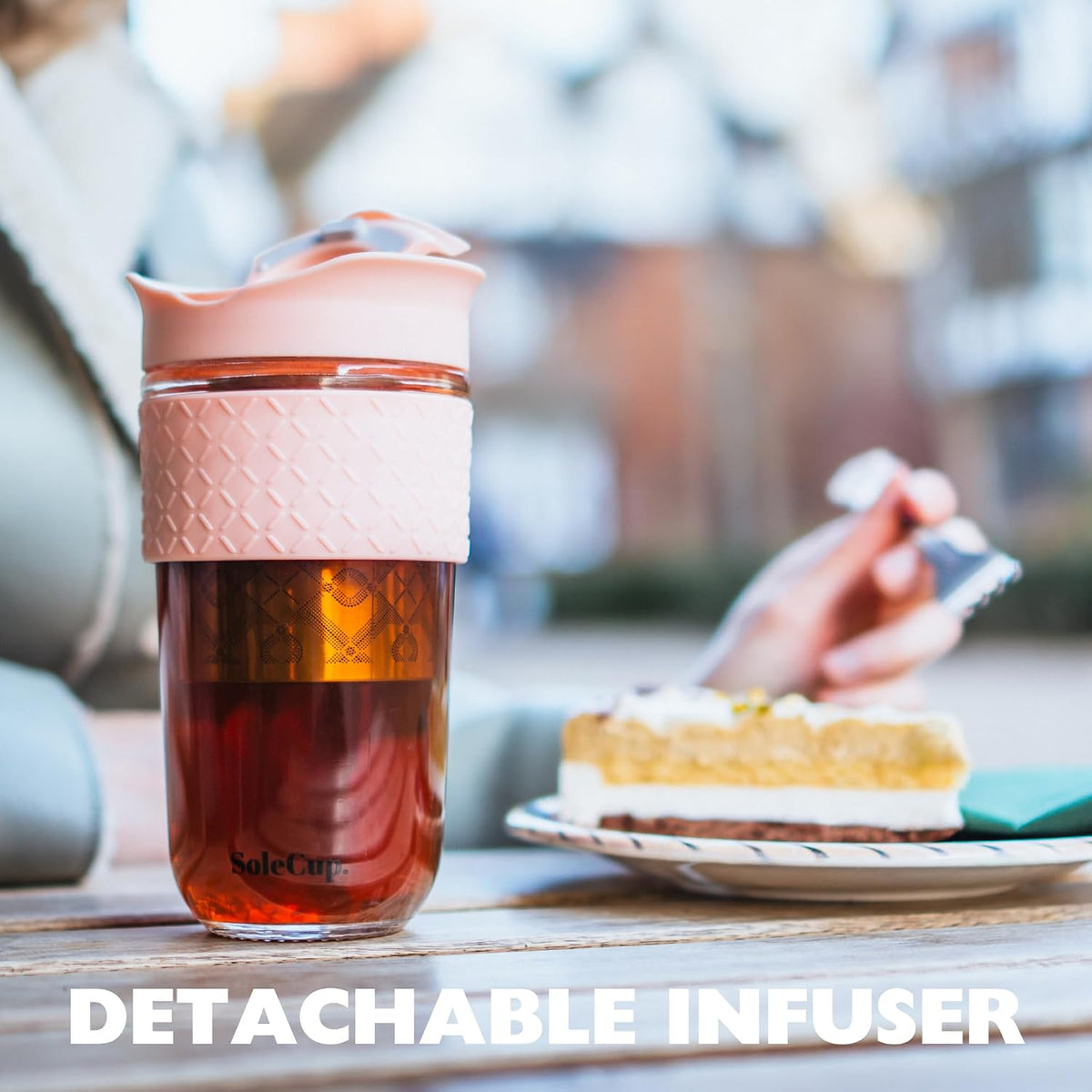 Large Travel Mug Loose Tea Infuser - Detachable Tea Strainer with Spill Proof Lid - 18oz/530ml BPA-Free Reusable Glass Travel Coffee Cup with Silicone Band (Gray and Blue, 18oz)