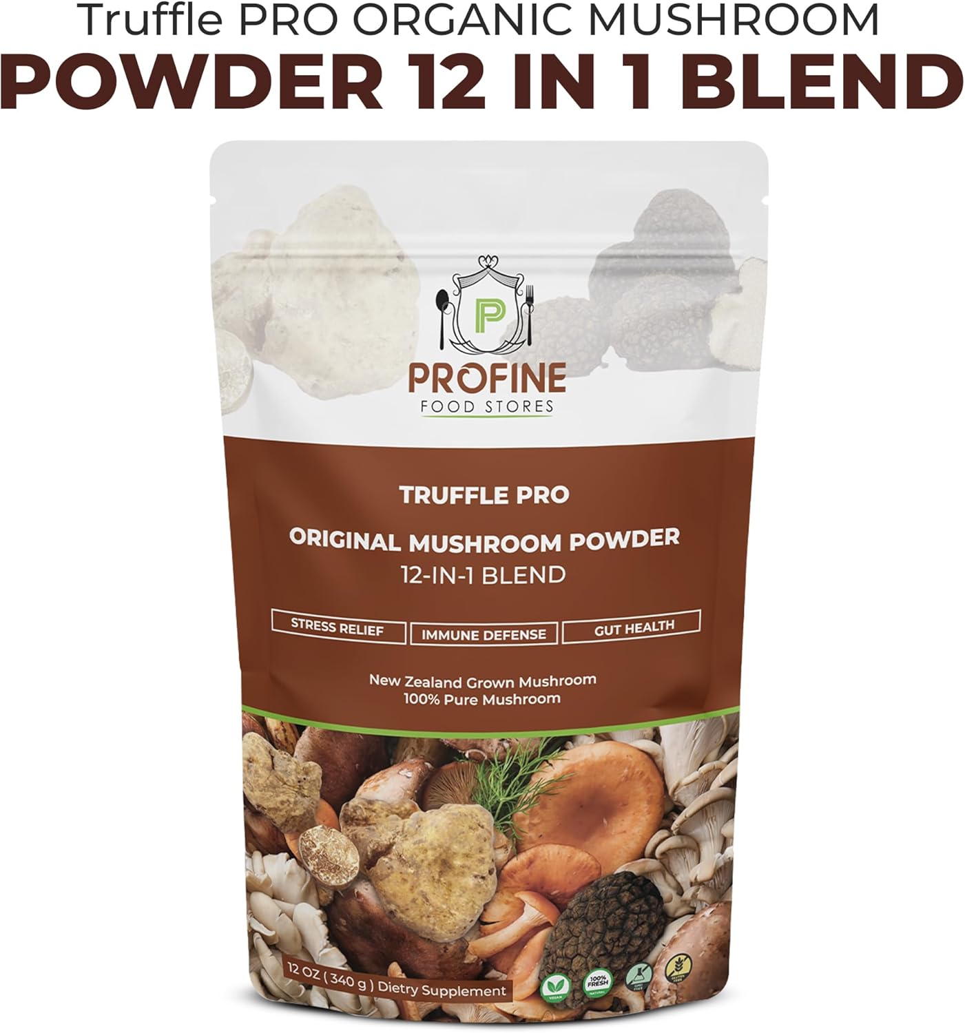 Profine Truffle PRO Mushroom Powder 12- in - 1 Super Blend with Black Truffle and White Truffle - USDA Organic - Supplement