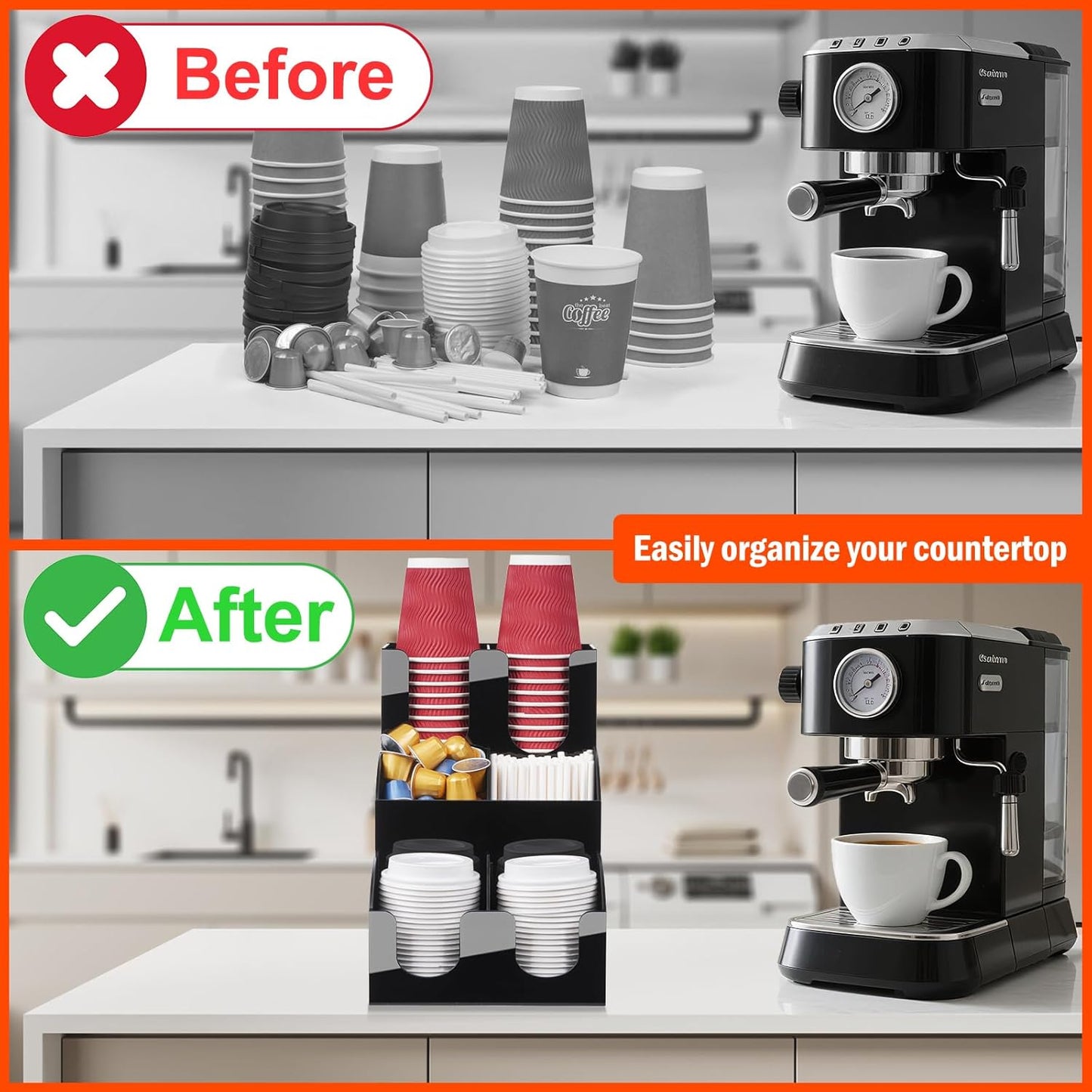 MYITYARD Coffee Station Organizer, 3-Tier Coffee Bar Accessories for Countertop, Acrylic Condiment and Cup Storage Organizer, 6 Compartments, Cup and Lid Holder for Pods, Syrup, Stirrer