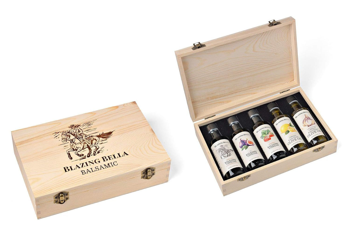Blazing Bella Chef’s Set – Balsamic Vinegar and Olive Oil Set – Barrel-Aged Balsamic from Modena, Italy &amp; Cold-Pressed California Olive Oils – 5 Essential Flavors – 100ml Bottles