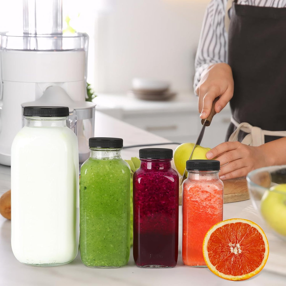 8 oz Glass Juice Bottles with Lids 6 Pack,Reusable Glass Drink Bottles