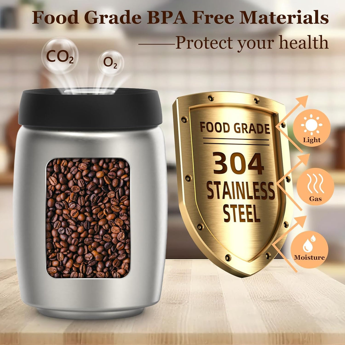 Vacuum Coffee Canister,Stainless Steel Airtight Coffee Storage Containers Set with Measuring Scoop and Airtight Lid,for Coffee Grounds,Beans,Loose Tea,Sugar,Spices,2400ml/32OZ (L*2), Silver