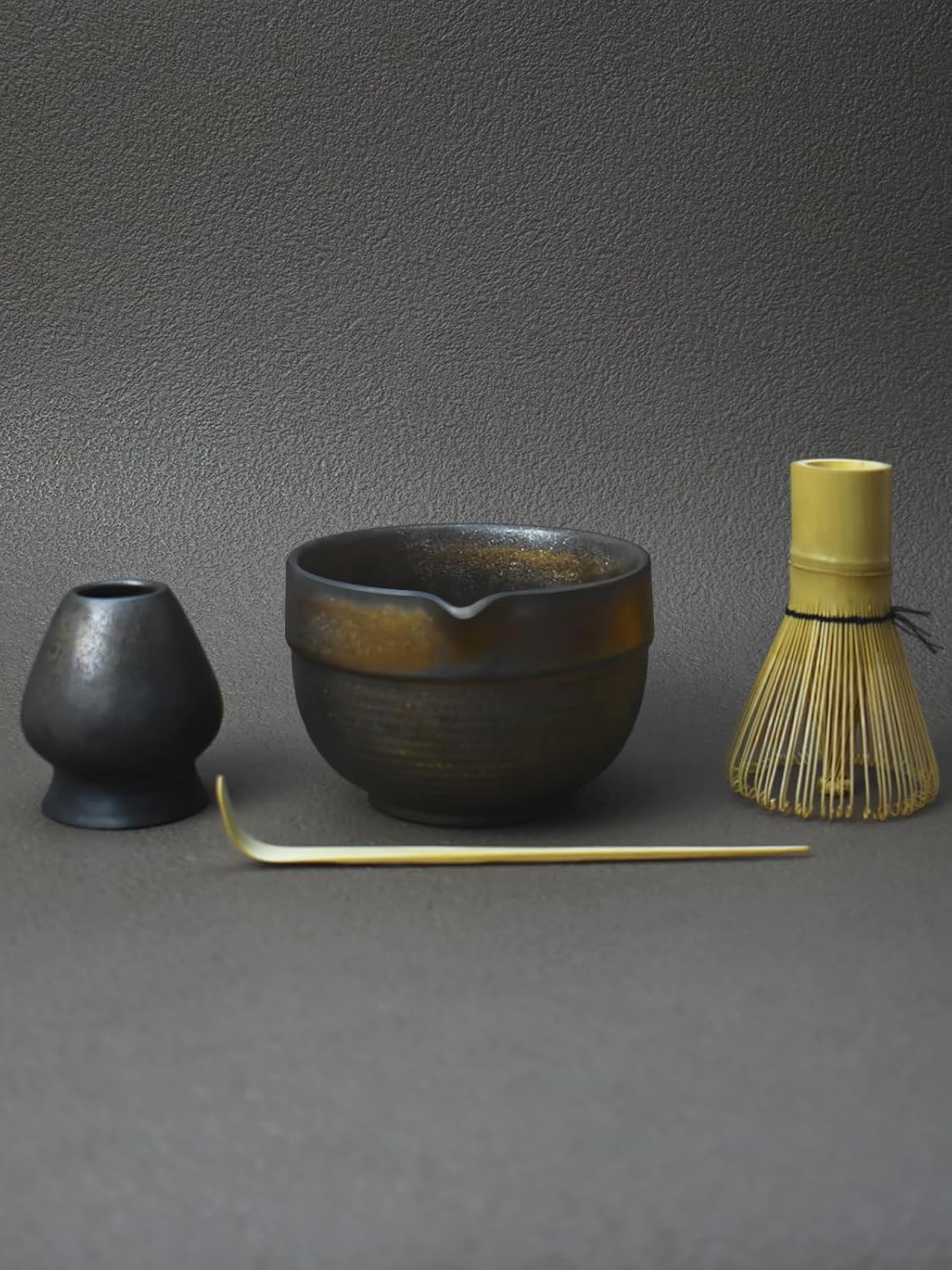 Artcome Luxury Matcha Tea Set – 4-Piece Japanese Matcha Kit with Black Rustic Glazed Bowl & Spout, Bamboo Whisk, Holder, Scoop & Manual