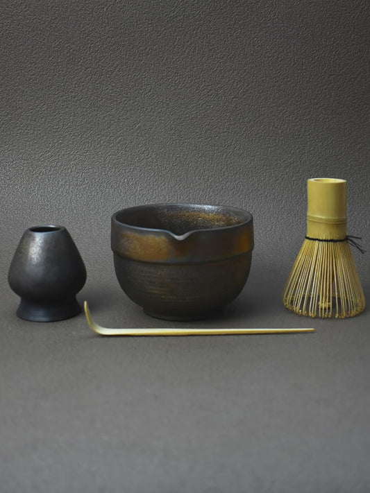 Artcome Luxury Matcha Tea Set – 4-Piece Japanese Matcha Kit with Black Rustic Glazed Bowl & Spout, Bamboo Whisk, Holder, Scoop & Manual