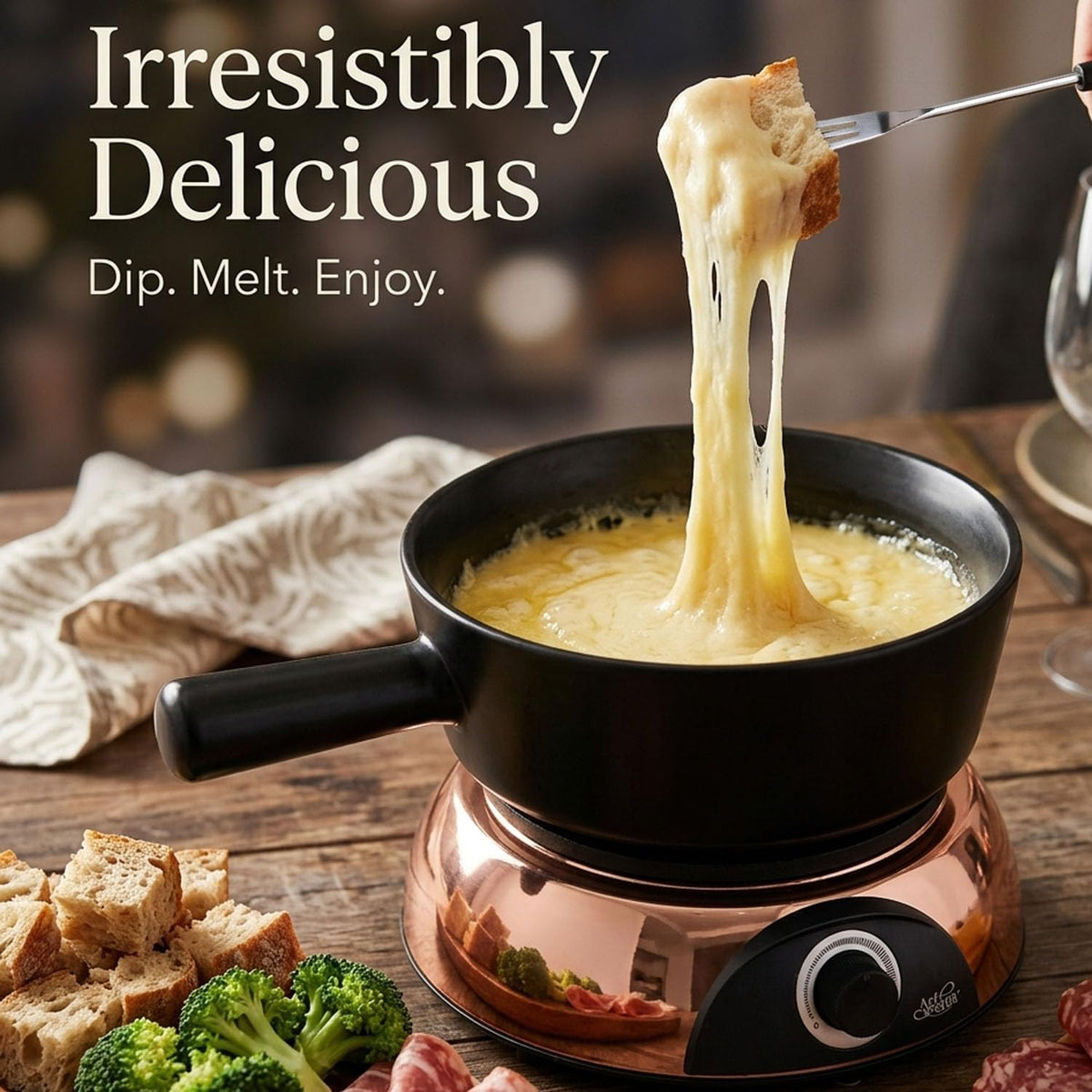 Artestia Swiss Design 2-QT Electric Fondue Pot for Meat, 1500W Ceramic Chocolate Melting Pot with Adjustable Temperature, 6 Fondue Forks, White Ceramic Pot with Rose-Gold Base (Black)