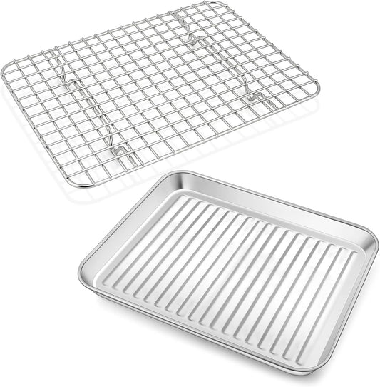 P&amp;P CHEF Baking Pan with Wire Rack, Oven Sheet Tray, 9 x 7 x 1 Inch | Stainless Steel Bacon Pan with Cooling Rack for Cooking Roasting Cookie, Dishwasher Safe &amp; Easy Clean,Heavy Duty &amp; Healthy