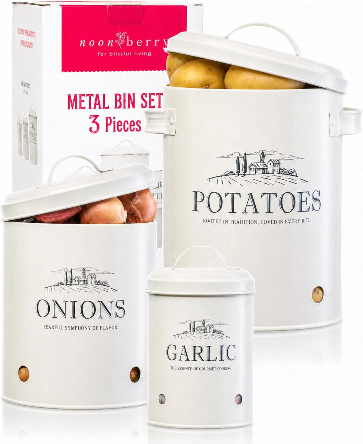 Potato and Onion Storage Bin Set – 3 Metal Farmhouse Canisters with Ventilation Holes – Rustic Kitchen Organizer for Garlic, Onion, and Potato Storage – Countertop or Pantry Use