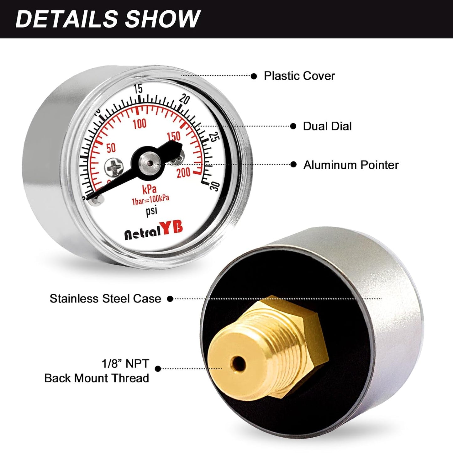 Mini1 Inch Pressure Gauge, 0-30 Psi Air Gauge, Lead-Free.Stainless Steel Case, 1/8" NPT Back Mount, Pressure Gauge for Water Air Pressure Test