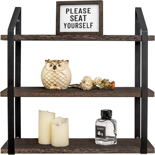 Mkono Floating Wall Shelves 3 Tier 17 Inch Rustic Hanging Shelf with Metal Bracket Wall Mount Wood Storage Display Shelves