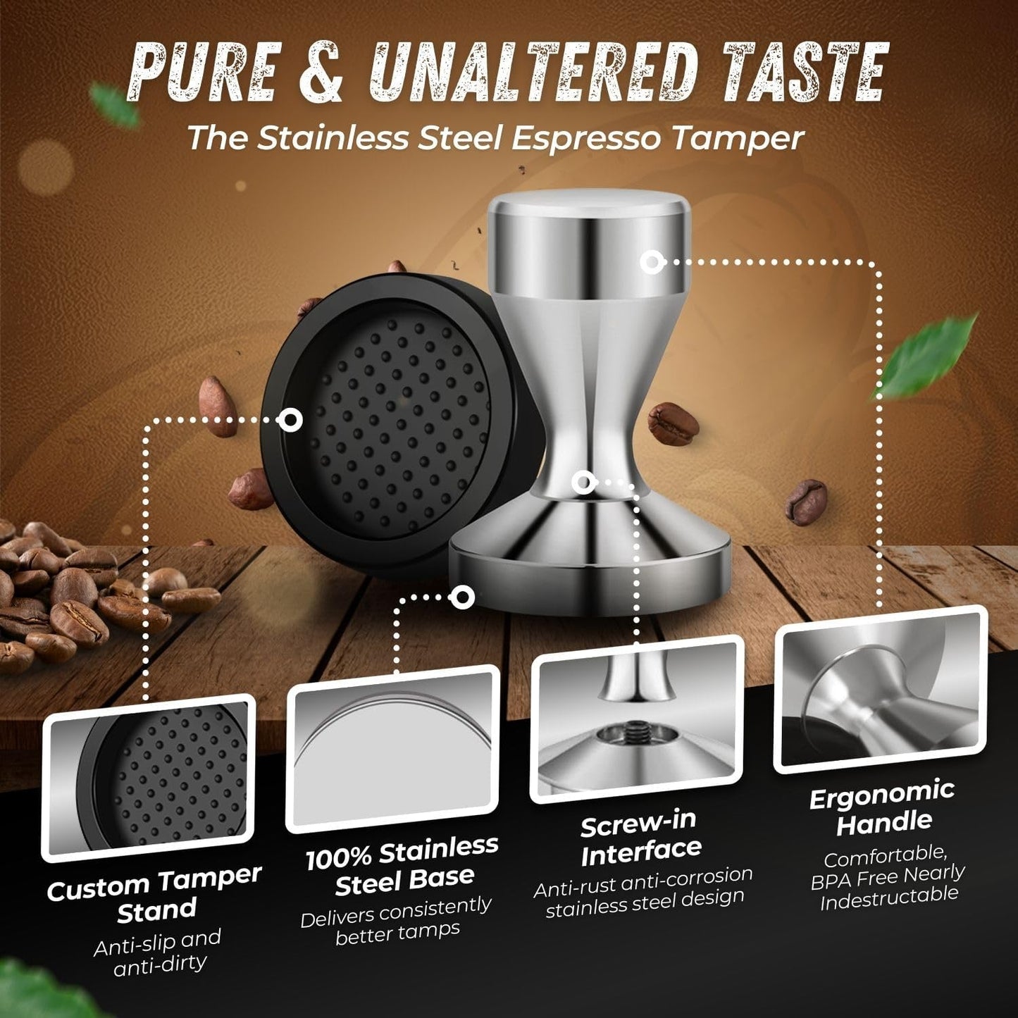 Flexzion Coffee Tamper 58mm Espresso Tamper Tool, Stainless Steel Barista-Quality Hand Press Espresso Maker with Ergonomic Silver Handle for Home and