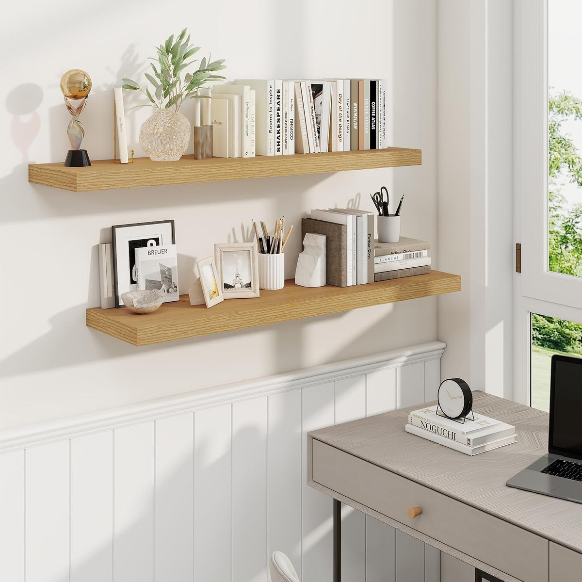 Fun Memories 40 Inch Oak Floating Shelves, 9.3 Inch Deep Wall Shelves for Living Room|Bedroom|Kitchen, Rusitc Wall Mounted Bathroom Shelves 2 Pack, Heavy-Duty Deep Shelf for Books，Decor
