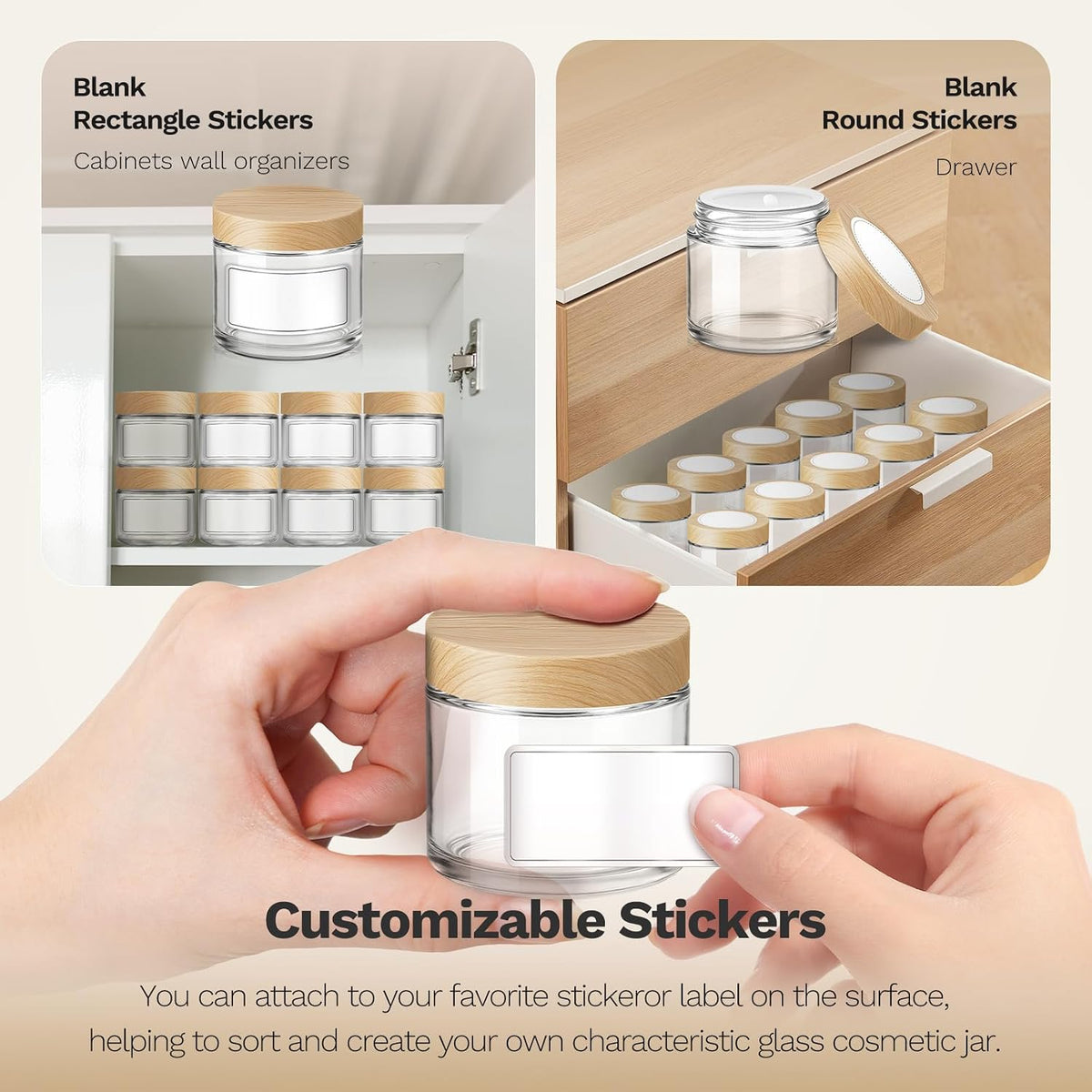 Bumobum 48 Pack 2 oz Small Glass Jars with Plastic Woodgrain Lids