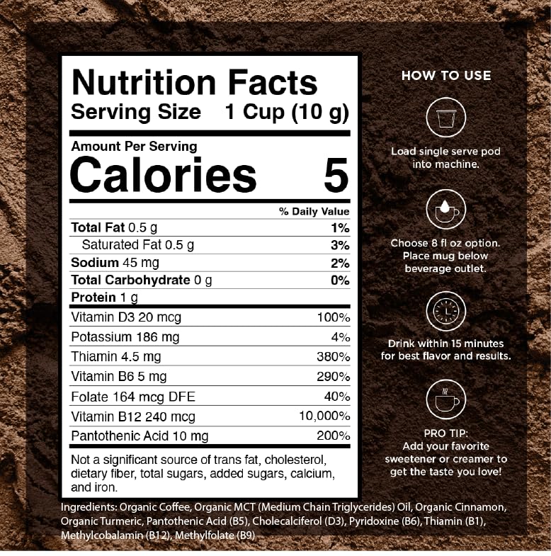 VitaCup Organic Genius Keto Coffee Pods, Increase Energy &amp; Focus w/MCT Oil, Turmeric, B Vitamins, D3, Medium Dark Roast, Bold, Smooth, Single Serve Pod Compatible w/Keurig K-Cup Brewers, 16 Ct.