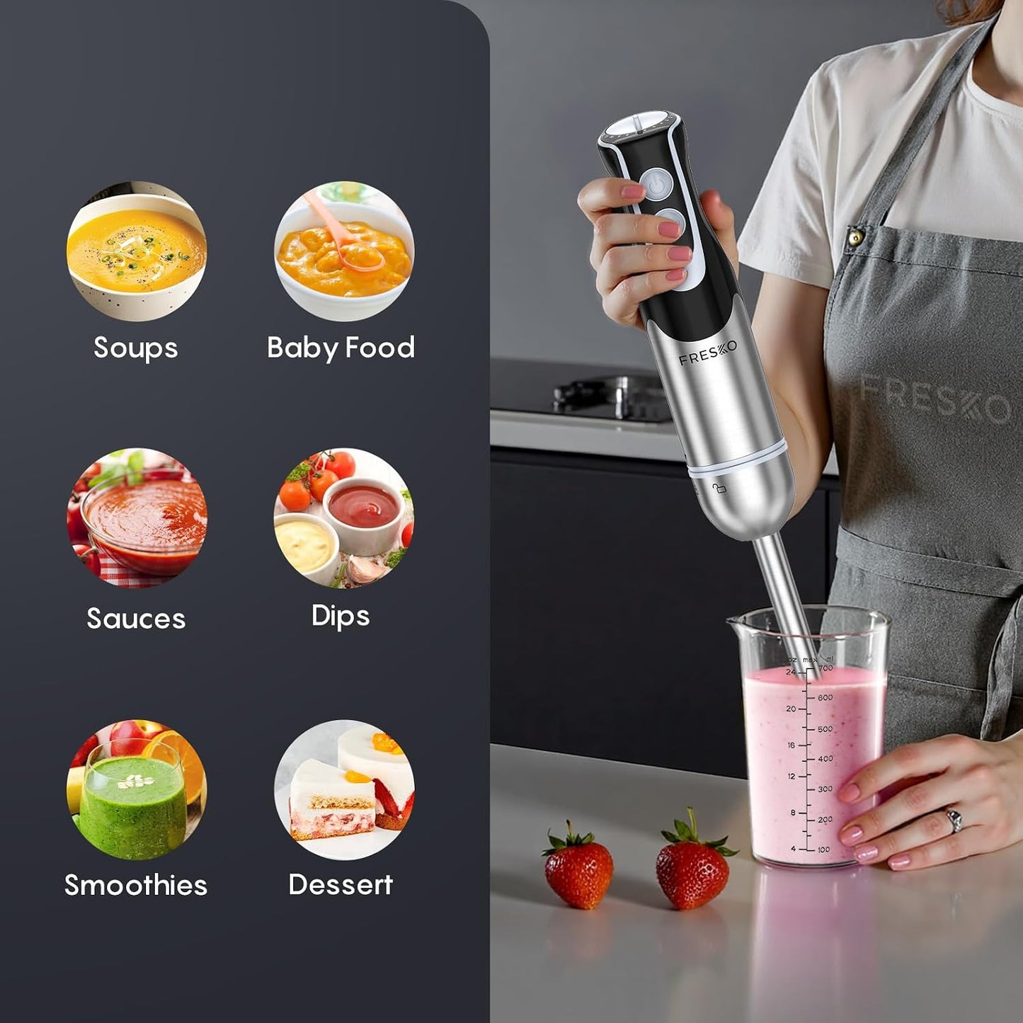 Immersion Blender Handheld, 2-In-1 Hand Blender with 12-Speeds &amp; Turbo Mode | 500W Emulsion Blender, 24oz Beaker, Stainless Steel Blade，Stick Mixer for Baby Food, Smoothies, Soups &amp; Sauces