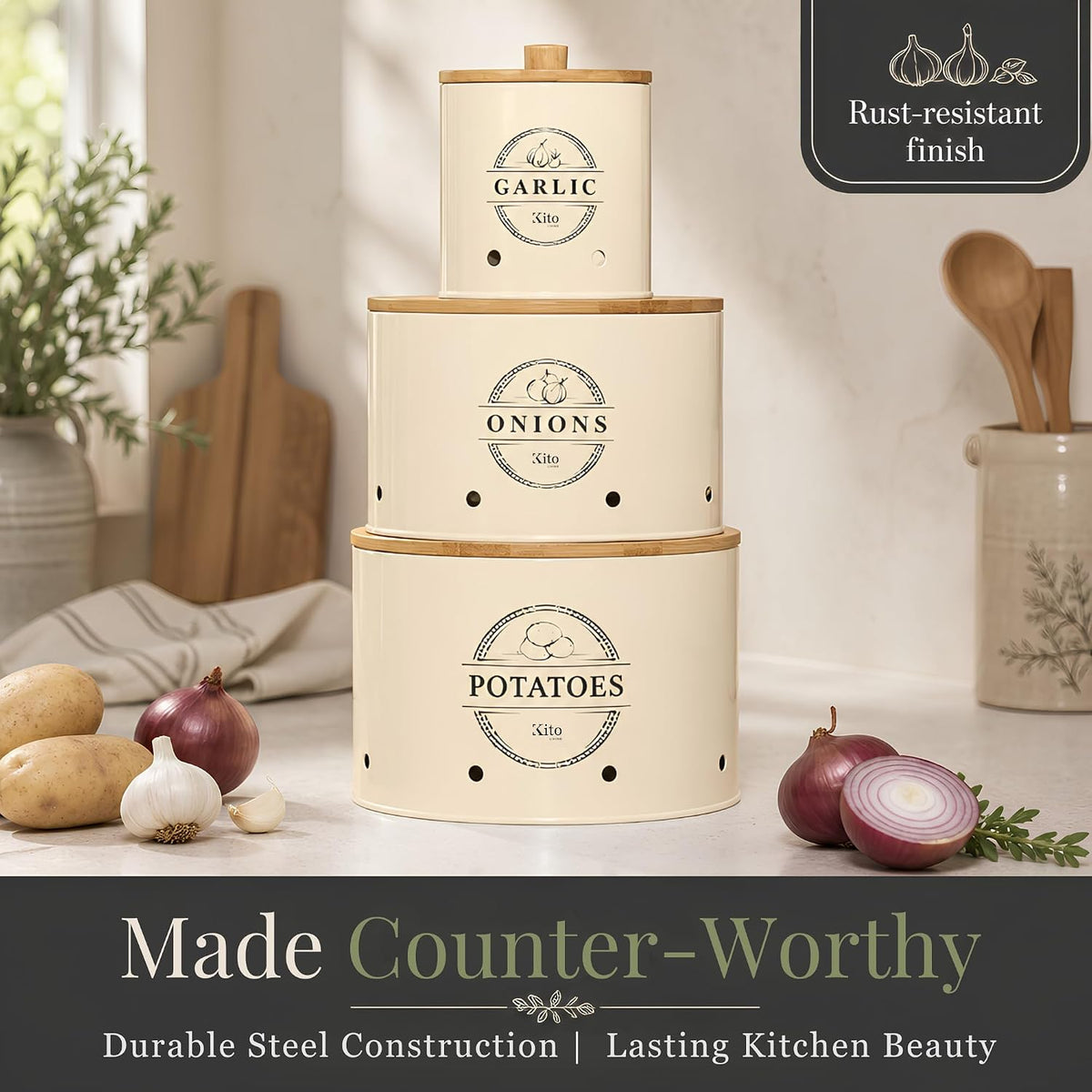 Canister Sets for Kitchen Counter with Wooden Bamboo Lids, Kitchen Canisters for Countertop, Stackable Steel Farmhouse Canisters for Potato Storage, Onion and Potato Storage Bins - White