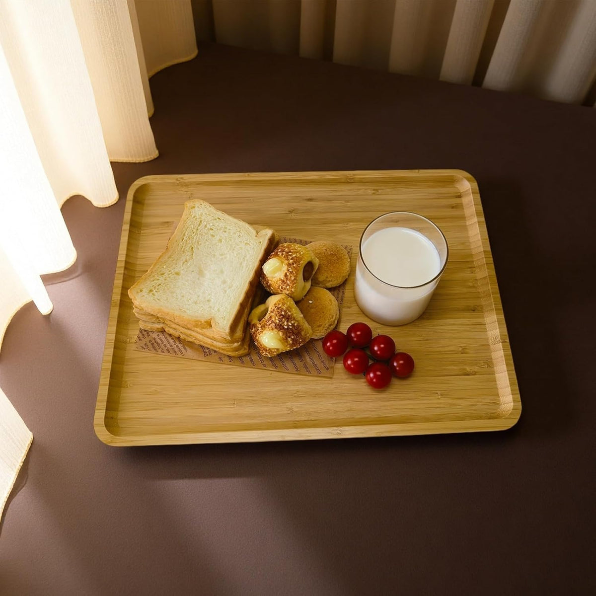 Bamboo Serving Tray Rectangle Platter Breakfast Dinner Food Bed Tray for Eating Kitchen Restaurants (1, 15.7" x 12.8" x 0.8" (no Handle))