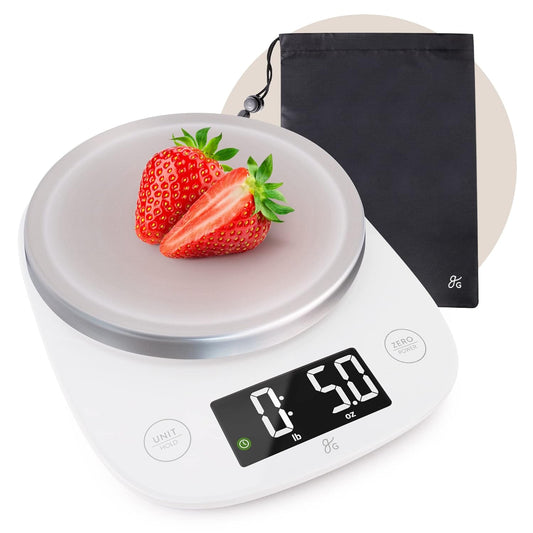 Greater Goods Digital Kitchen Scale with LCD Display, Weighs in Grams and Ounces, Batteries Included, Weighs up to 11