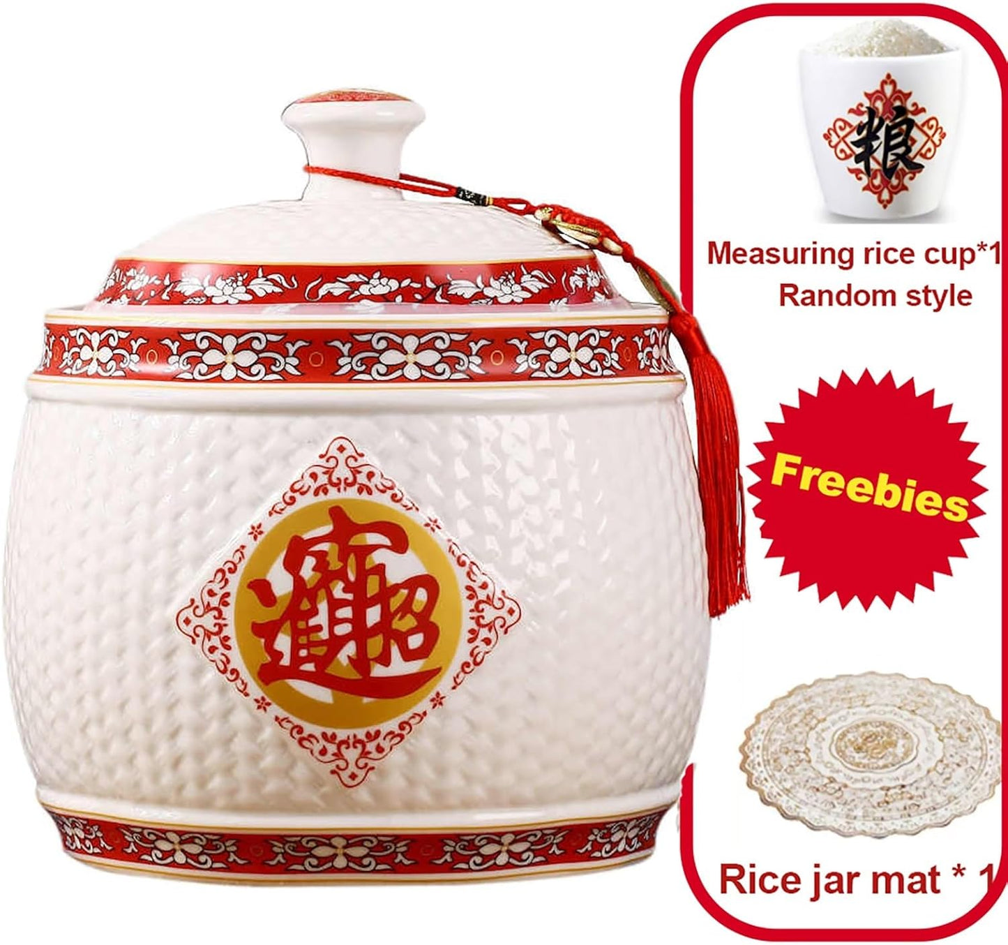 Traditional Chinese Style Large-Capacity Rice Pot, Ceramic Rice Bucket With Tassel Design, Airtight Storage Container For Rice, Grain, Snacks