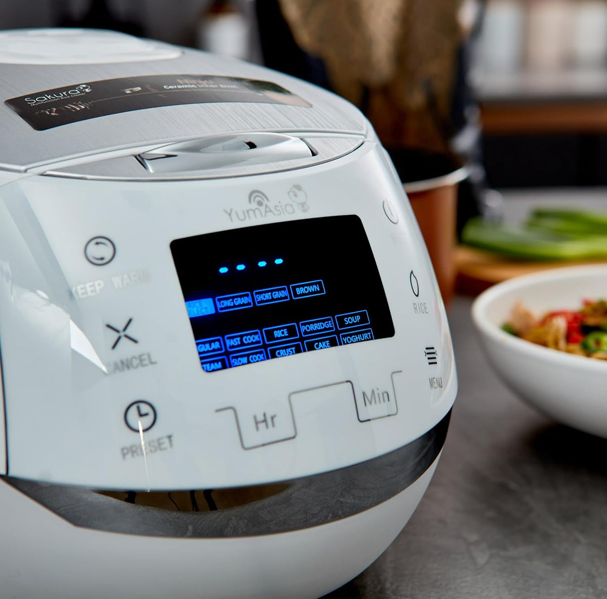 Yum Asia Sakura Rice Cooker with Ceramic Bowl and Advanced Fuzzy Logic (8 Cup, 1.5 Litre) 6 Rice Cook Functions, 6 Multicook Functions, Motouch LED Display, 120V Power (White and Siver)