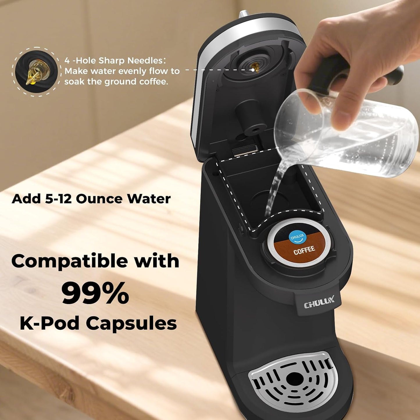 CHULUX Mini Single Serve Coffee Maker for K Pod, Brew Up to 12oz Cup, Black | Fast-Heating Boiler System, Single Cup Brewing, Portable Compact Design, Four-Hole Multi-Stream Needle, Adjustable Drip Tray