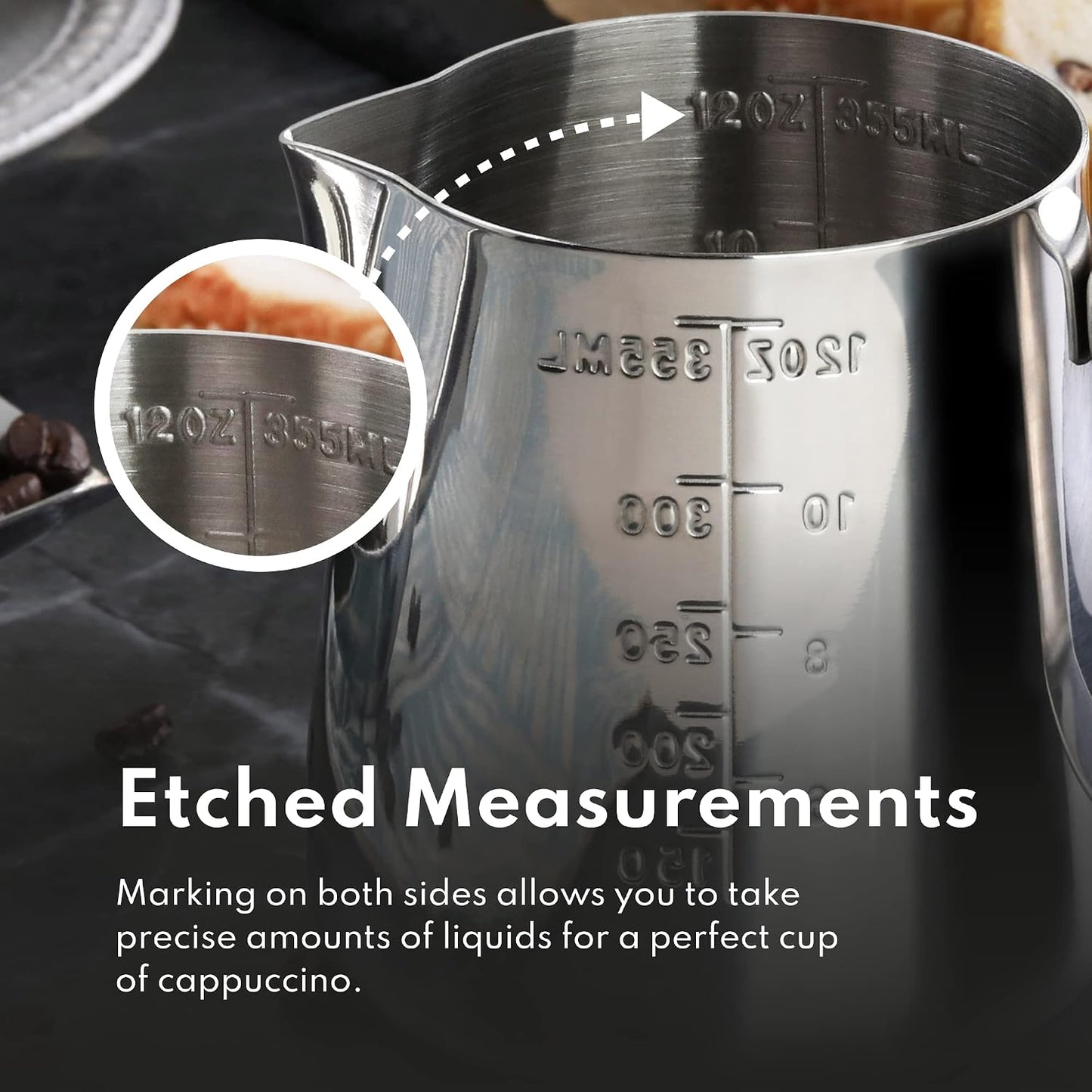 New Star Foodservice 28805 Stainless Steel Frothing Pitcher, 12 oz Espresso Milk Steaming Cup with Measurement Scale, Commercial Grade 18/8 Barista Pitcher for Lattes, Cappuccinos, Coffee, Silver