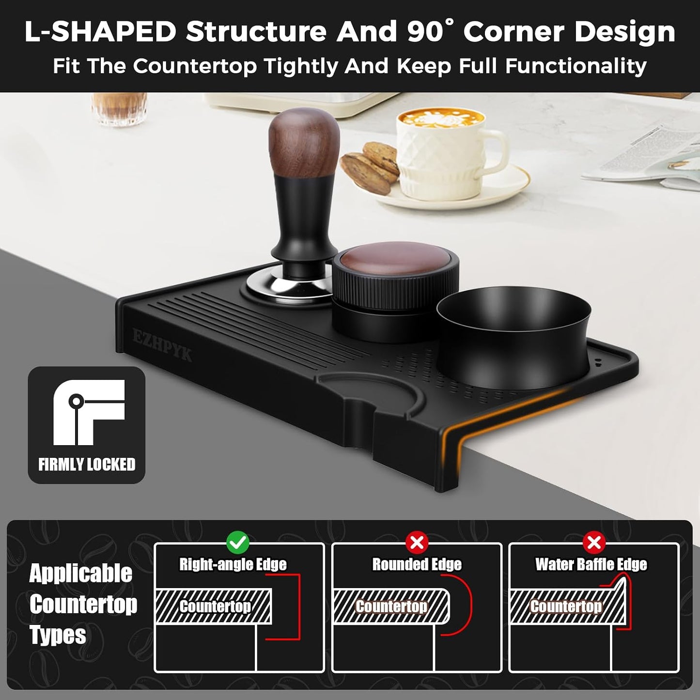 Silicone Espresso Tamping Mat for Counter Coffee Tamper Mat Black | 10.43″×5.63″ Portafilter Mat for Barista Espresso Machine Accessories, Waterproof Coffee Bar Mat, Heat Resistant Tamp Station