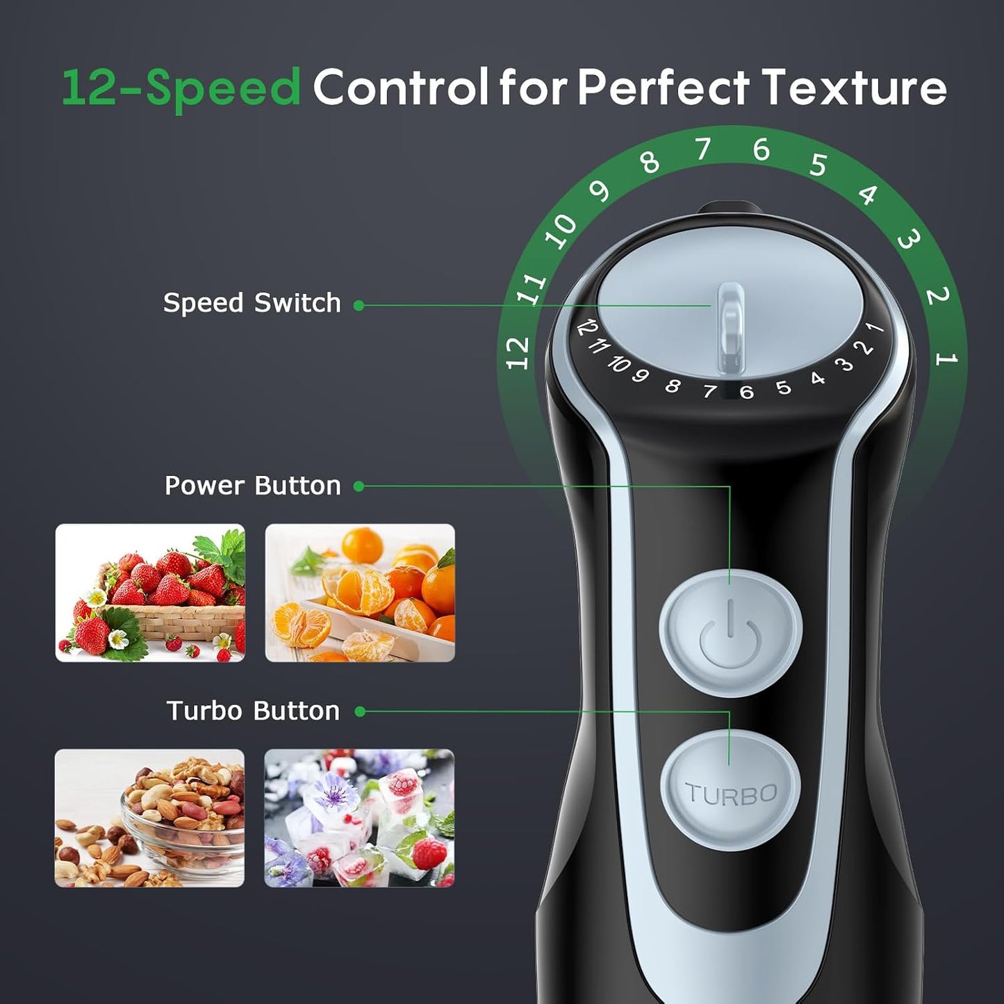 Immersion Blender Handheld, 2-In-1 Hand Blender with 12-Speeds &amp; Turbo Mode | 500W Emulsion Blender, 24oz Beaker, Stainless Steel Blade，Stick Mixer for Baby Food, Smoothies, Soups &amp; Sauces