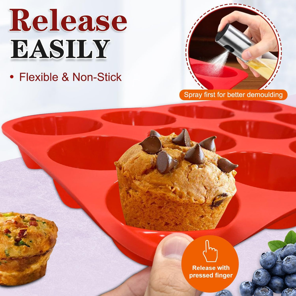 Walfos Muffin Pan Set - 12 Cups Regular Silicone Cupcake Pan, Non-stick and BPA Free, Great for Making Muffin Cakes, Tart, Fat Bombs - Dishwasher Safe, 2-Piece
