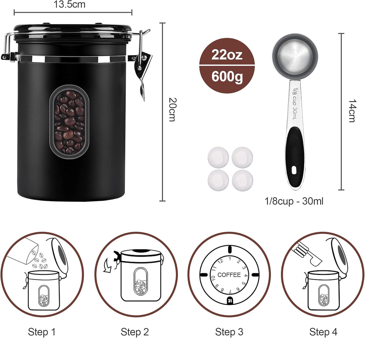 1800ML Airtight Coffee Canister with Date Tracker&Transparent Window, 22.8OZ Coffee Container with 30ML Measure Spoon&4 co2 Valve, Coffee Bean Storage Container for Grounds Coffee, Beans, Tea(Black)