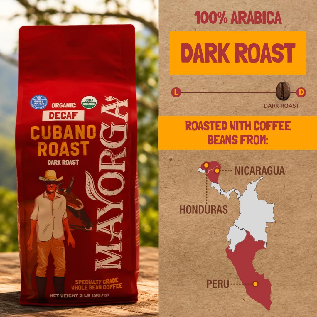 Mayorga Decaf Coffee 2lb Bag Dark Roast Organic Swiss Water Decaffeinated Cubano Roast Coffee - 100% Arabica Whole Coffee