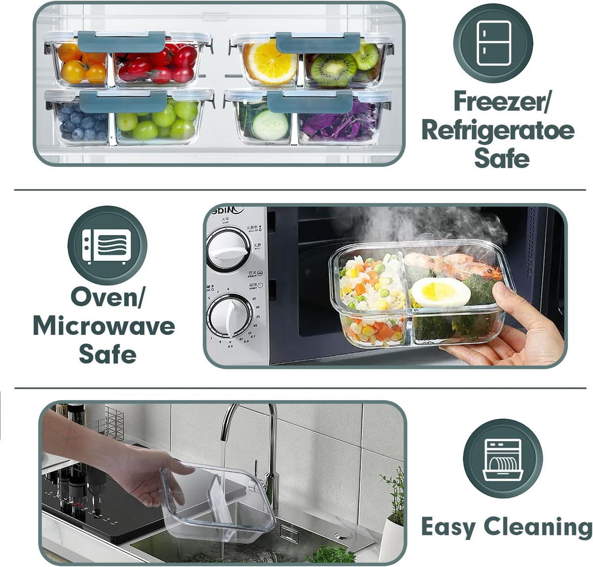 VERONES 10 Pack Glass Meal Prep Containers 2 Compartment Set, 30 OZ Airtight Glass Lunch Containers, Food Storage Containers with Lids, for Microwave, Oven, Freezer & Dishwasher Friendly，White