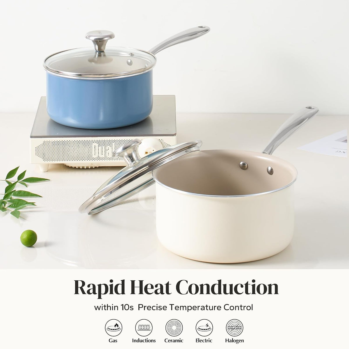 Redchef Nonstick Ceramic Sauce Pan With Lid, 3.5QT Small Cooking Pot with Stay-Cool Handle, Kitchen Non Toxic Soup Pot, PTFE & PFOA Free, Oven & Dishwasher Safe, Compatible with All Stovetops-Blue
