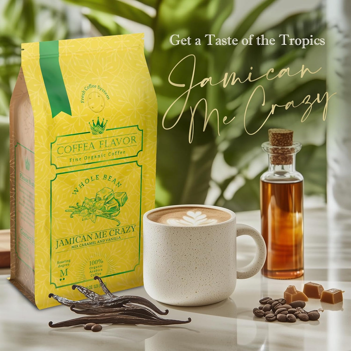 Organic Whole Bean Coffee Medium Roast (16oz) - Jamican Me Crazy Flavored | 100% Arabica, Single Origin and Low Acid - USDA Organic and Fair Trade Certified - Naturally Flavored Without Additives