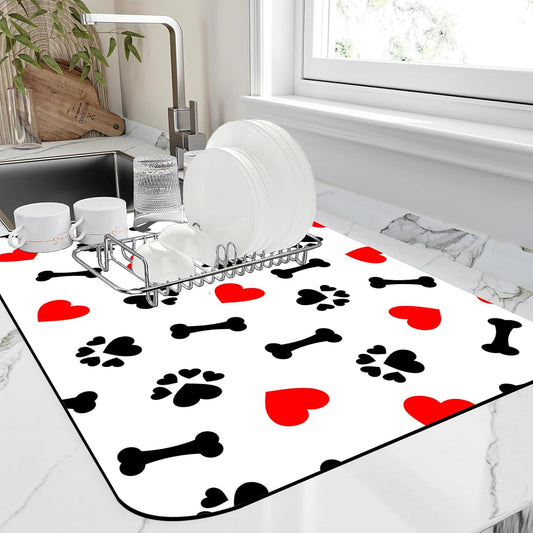 Dish Drying Mat Cute Dog Bone Paw Print Red Heart Kitchen Mat 12"x19" Bsorbent Coffee Maker Mat for Dishes,Utensils Coffee