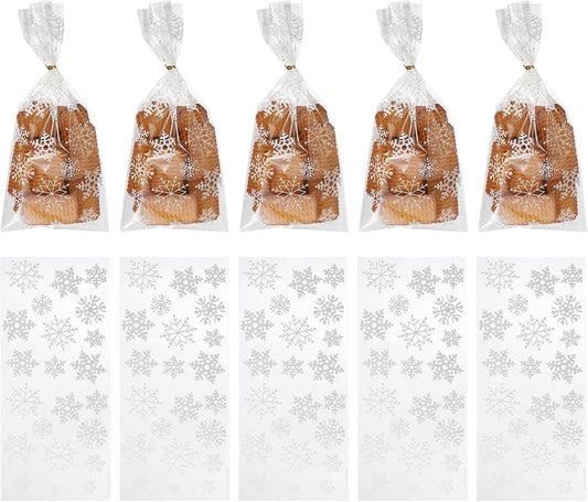 uxcell 100pcs Snowflake Treat Bags, Cookie Bags with Twist Ties for Candy Package Christmas Holiday Winter Party Favors,