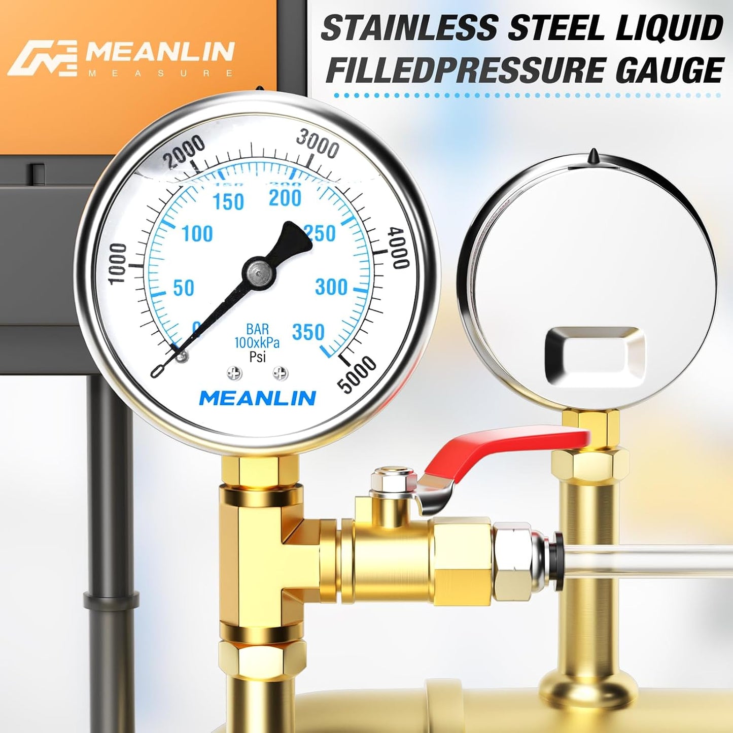 MEANLIN MEASURE 0~5000Psi Stainless Steel 1/4" NPT 2.5" FACE DIAL Liquid Filled Pressure Gauge WOG Water Oil Air Lower Mount, with 1/2" NPT and 3/8" NPT Hex Bushing