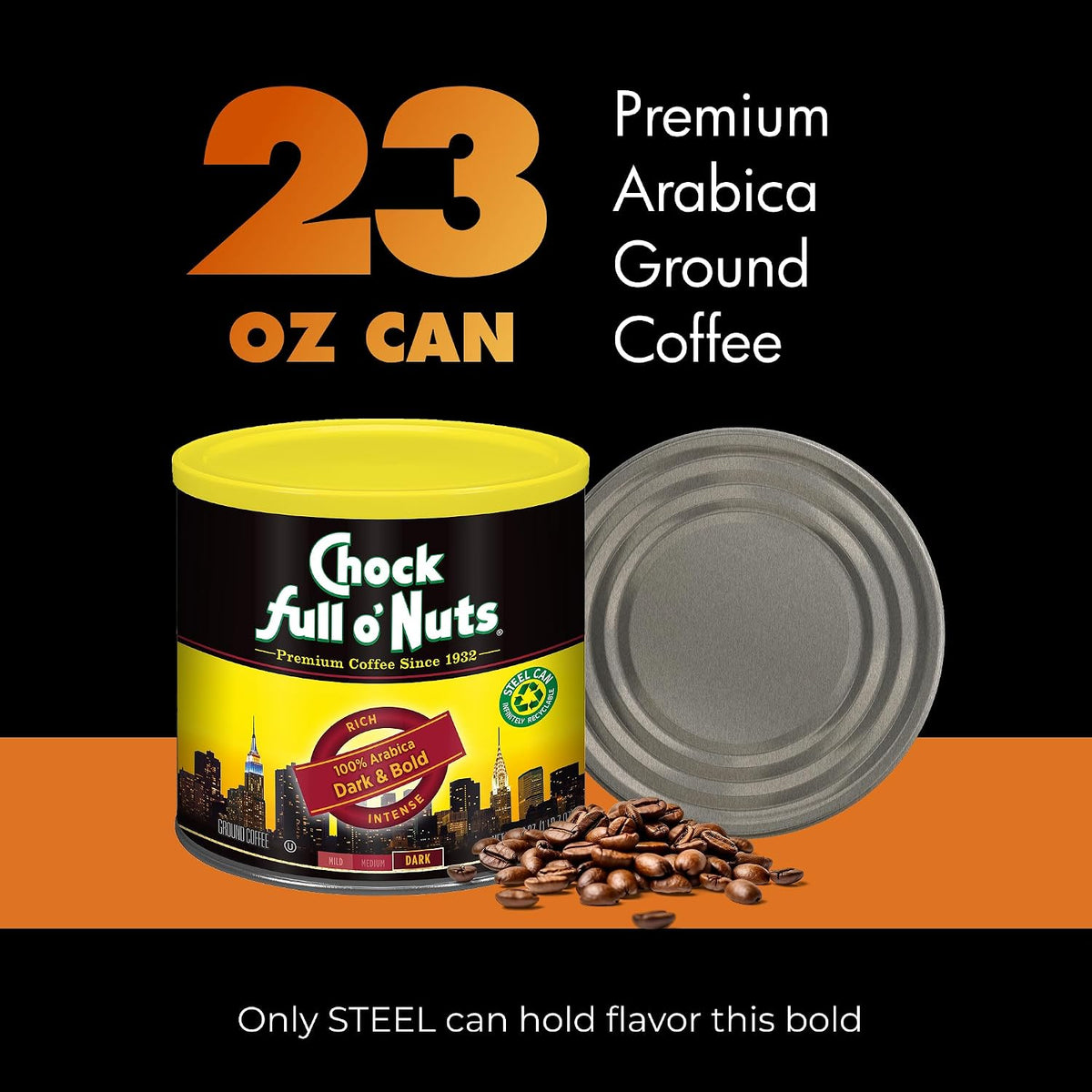 Chock Full o' Nuts Dark &amp; Bold Ground Coffee – Premium Beans in Recyclable Steel Can – Rich Flavor &amp; Aroma, Dark Roast – Perfect for Drip, Pour-Over, Percolator – 23 Oz Can