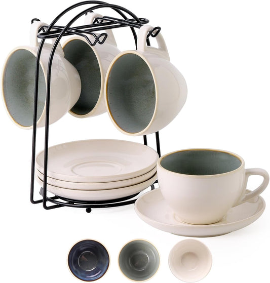 SIDUCAL Stackable Cappuccino Cup Set of 4 [8oz] Ceramic Coffee Cups with Saucers and Cup Holder,Microwave/Dishwasher