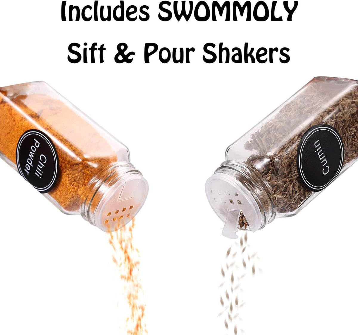 SWOMMOLY 42 Pcs 4 oz Glass Spice Jars with Shaker Lids and 703 Spice Labels