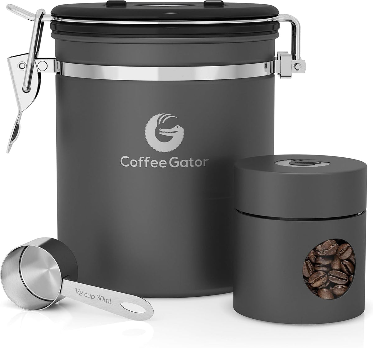 Coffee Gator Coffee Canister, 16oz Airtight Containers &amp; Travel Jar | w/ Date Tracker, Scoop, Valve Kitchen Food Storage Jars for Beans, Ground, Rice, Tea, Sugar, Cookie, Bar Accessories, Gray