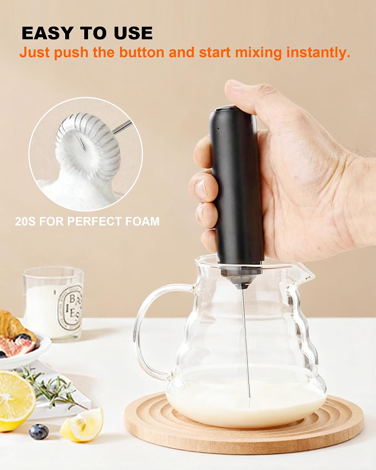 Rechargeable Milk Frother Handheld Foam Maker, Black