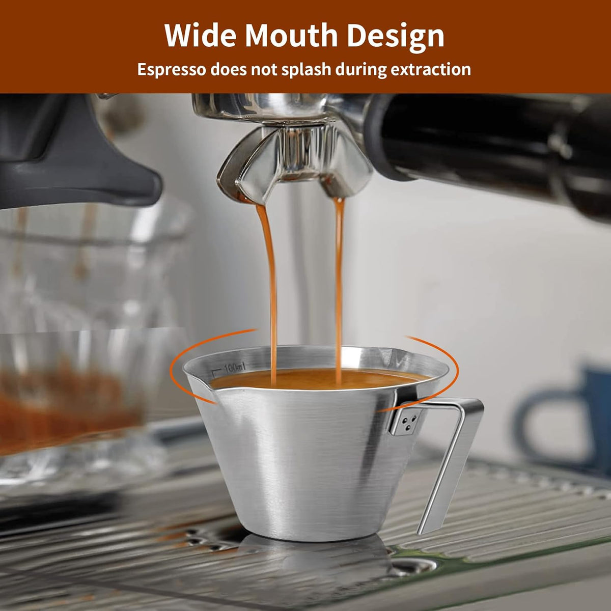 1Pc Stainless Steel Espresso Cups, Double Spout Metal Measuring Cup with Dual Scale, Espresso Shots Cup with Handle, 3.4oz/100ml